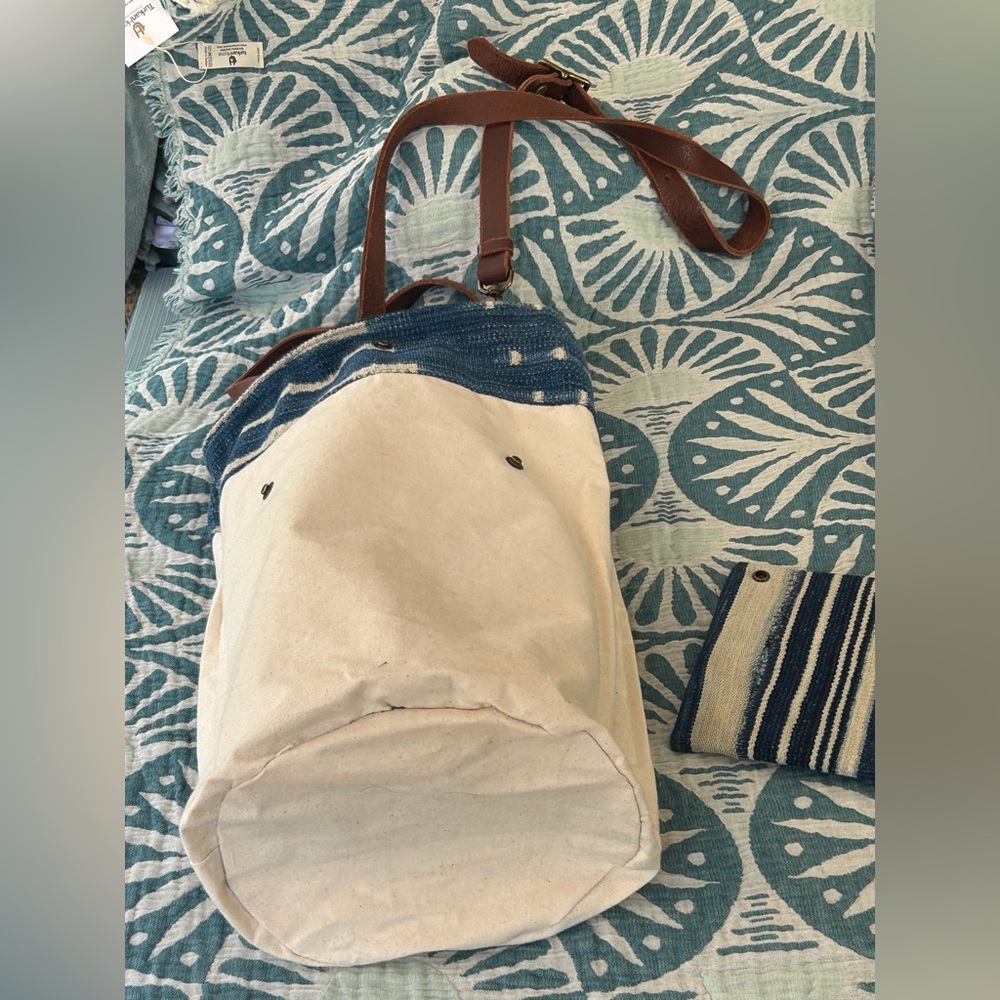 West African Mud Cloth Mali Barrel Bucket Bag Genuine Leather Hand Crafted - Picture 8 of 16